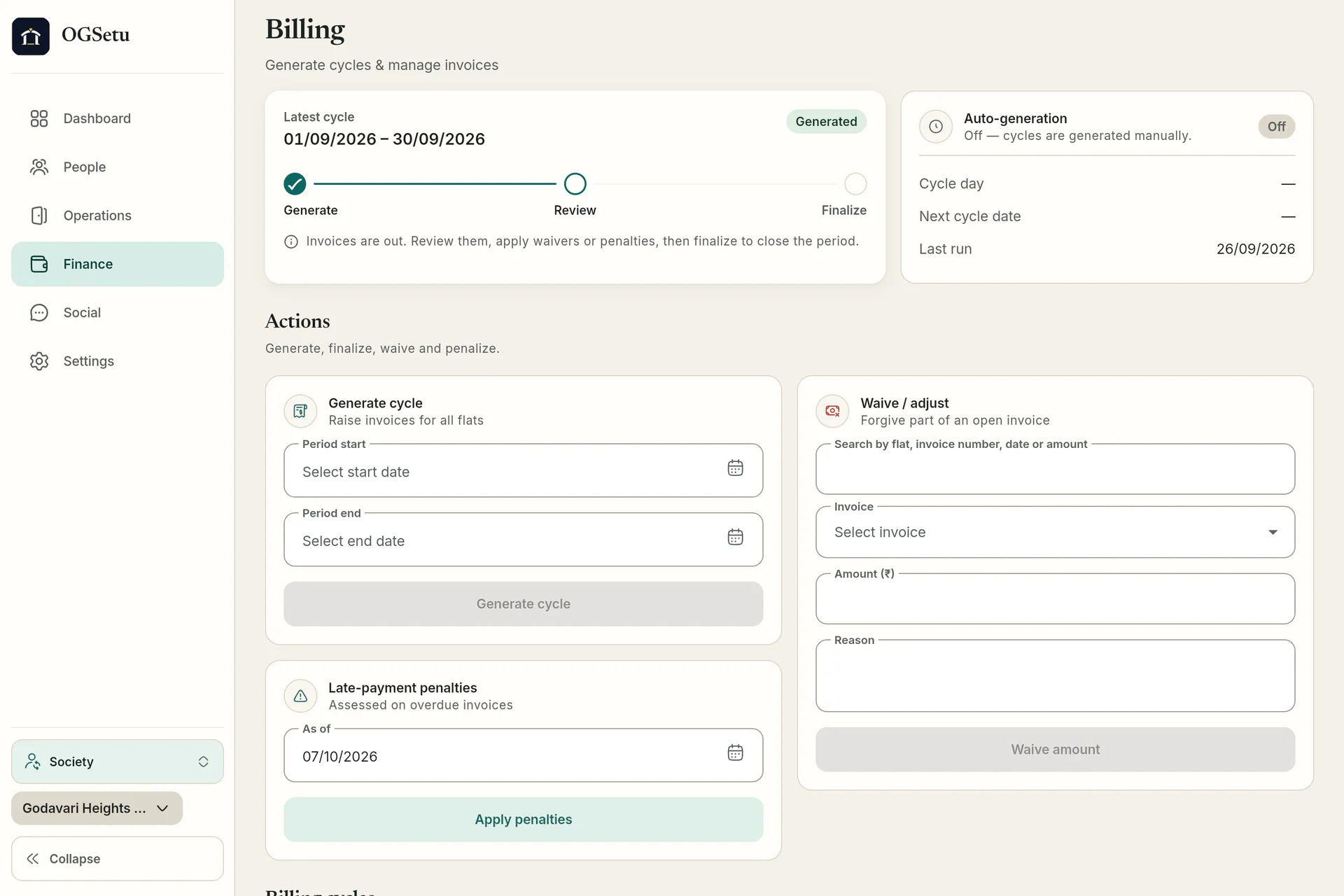 OG Setu society billing dashboard