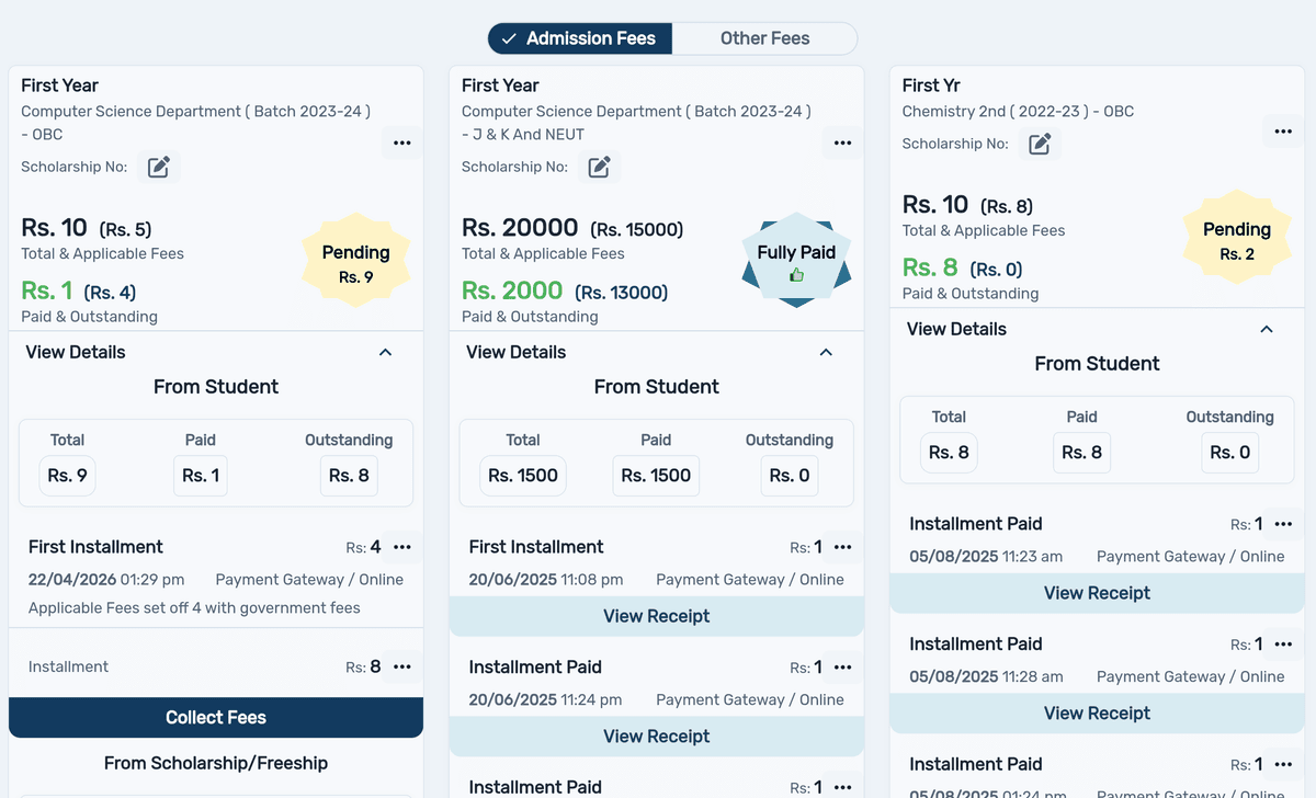 Admission fee cards with paid and outstanding amounts, installments and receipts