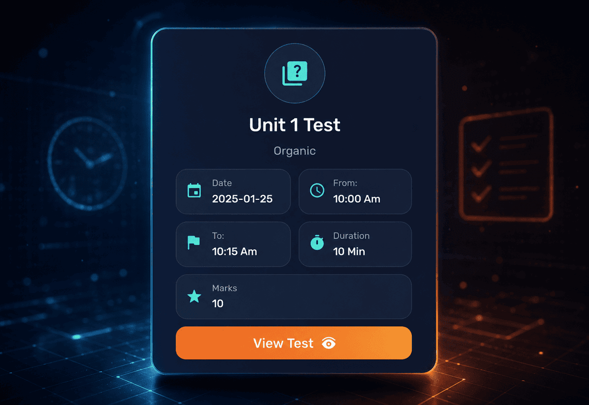 Online unit test card with date, time, duration and marks