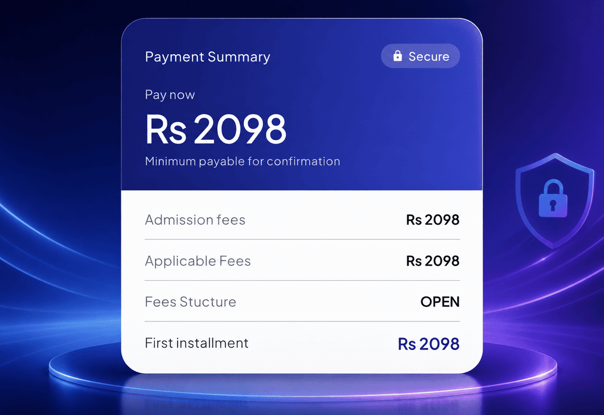 Secure payment summary showing admission fees and the first installment